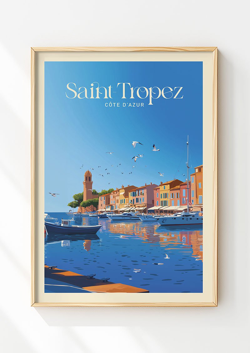 Poster vintage, d'une illustration de la ville de Saint-Tropez dans un cadre en bois.