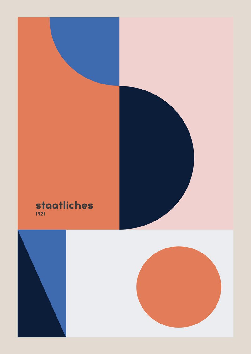 Affiche bauhaus géométrie minimaliste dans les teintes orange noir bleu.