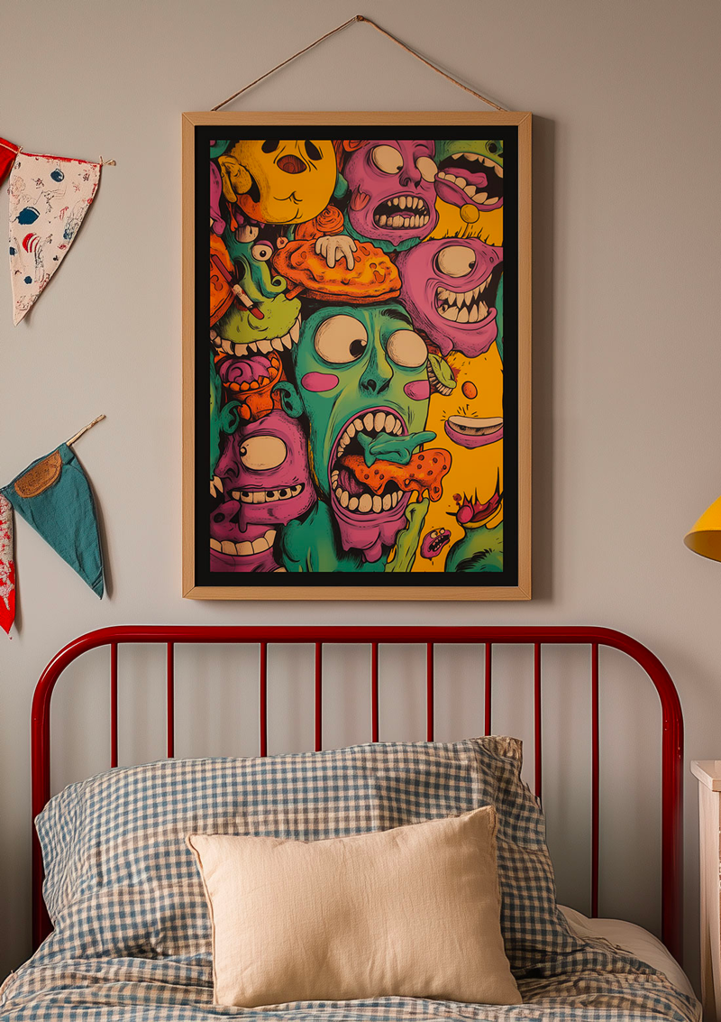 Affiche déco pop-culture monstres colorés, encadrée au dessus d'un lit.