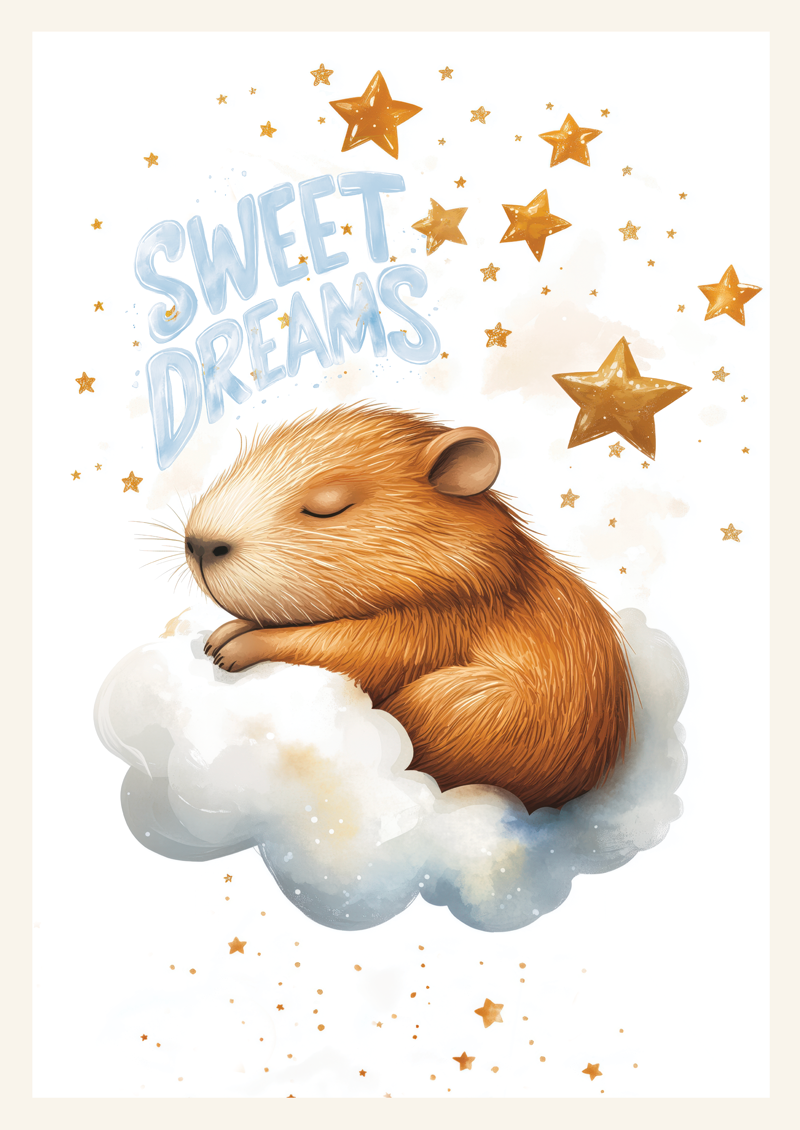 Affiche chambre enfant d'un capybara sur un nuage, avec le titre "sweet dreams".