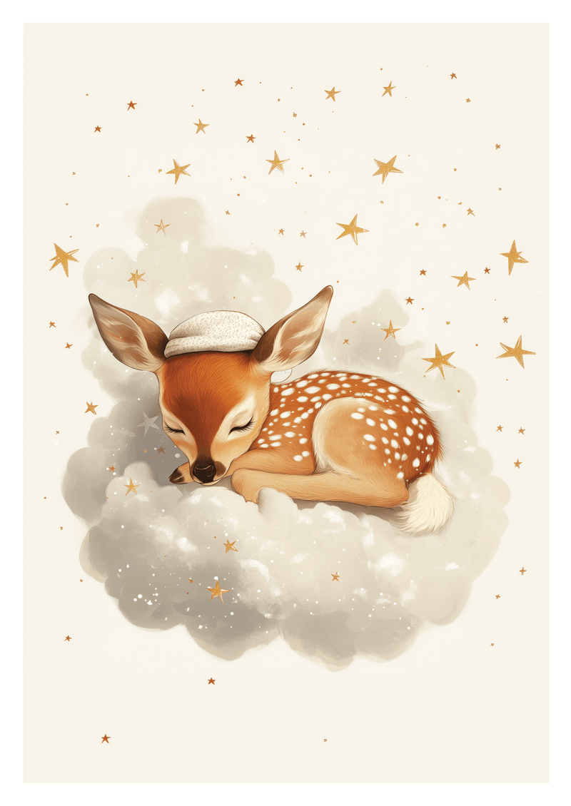 Affiche chambre enfant d'un faon endormi sur un nuage, sur fond crème étoilé.