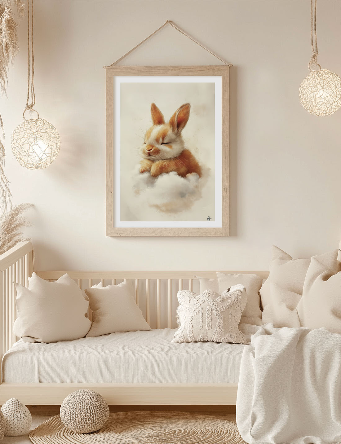 Affiche pour chambre bébé lapereau sur un nuage encadrée dans une chambre.