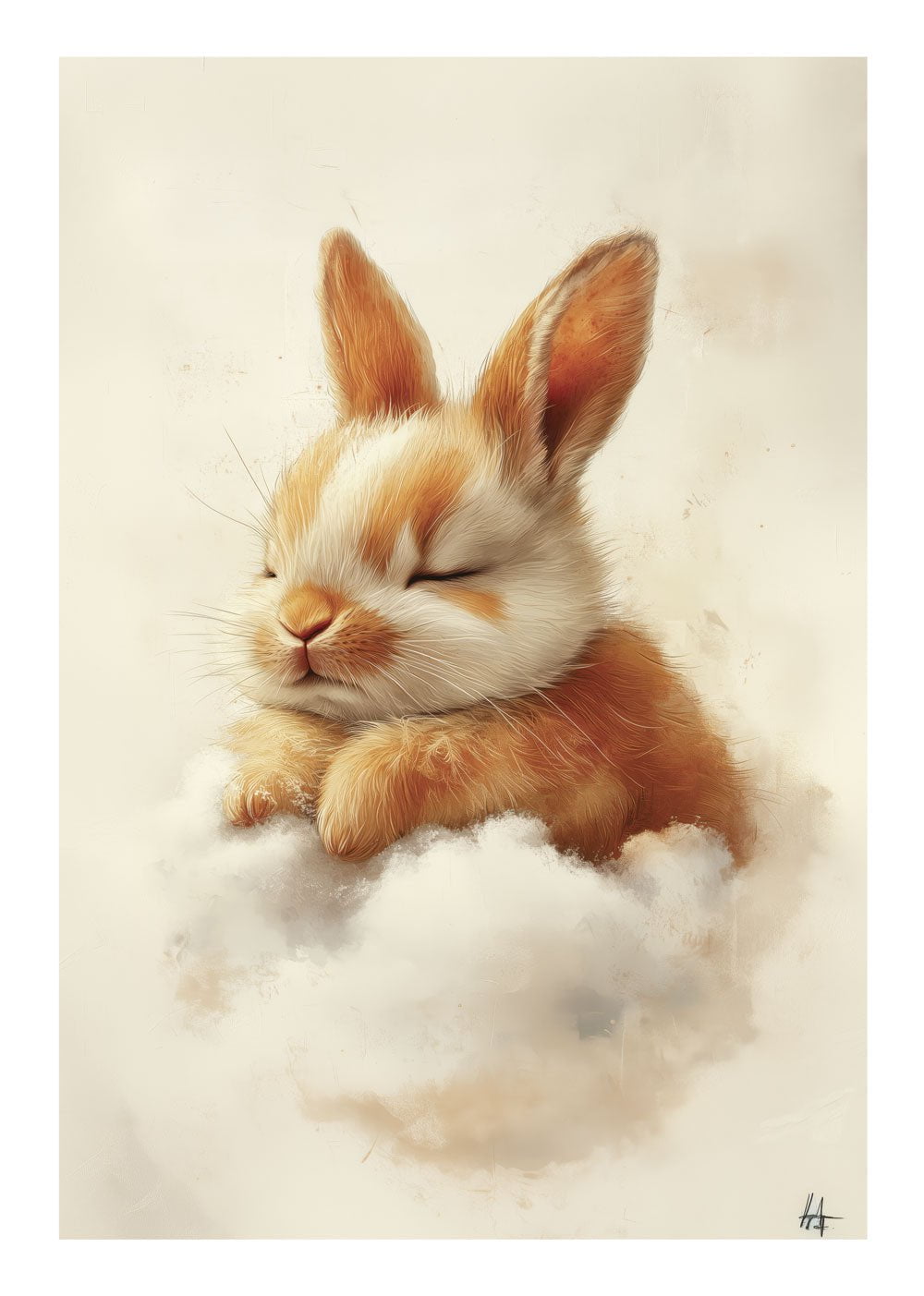 Affiche pour chambre bébé d'un lapereau endormi sur un nuage vaporeux.