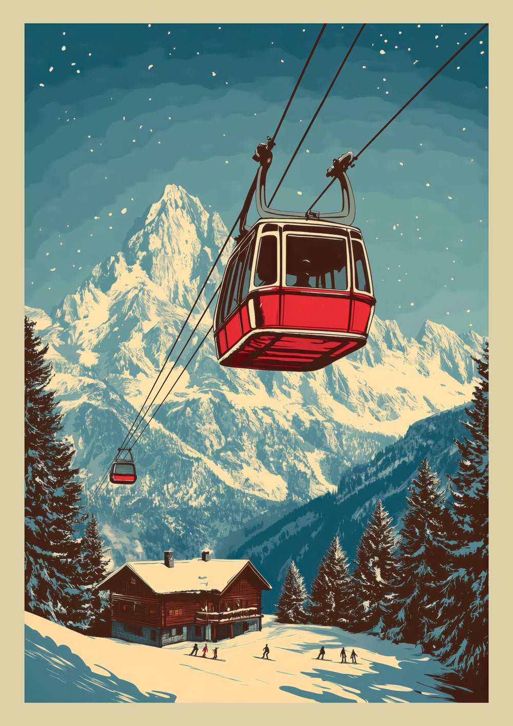 Affiche illustration vintage d'une télécabine rouge dans un paysage montagneux enneigé.