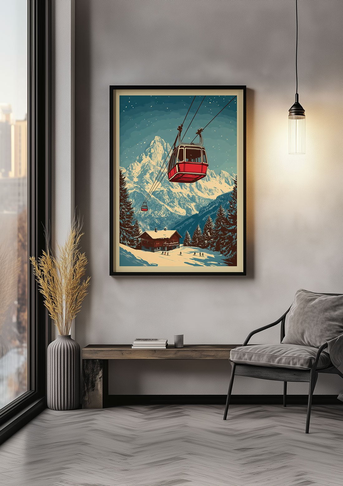Affiche illustration vintage d'une télécabine rouge encadrée sur un mur.