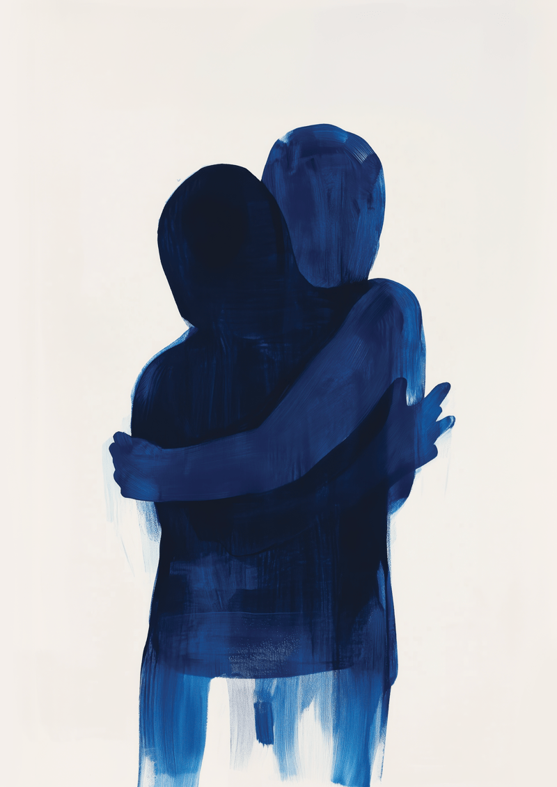 Affiche murale abstraite représentant un couple qui s'enlace aux tons bleus sur fond blanc.