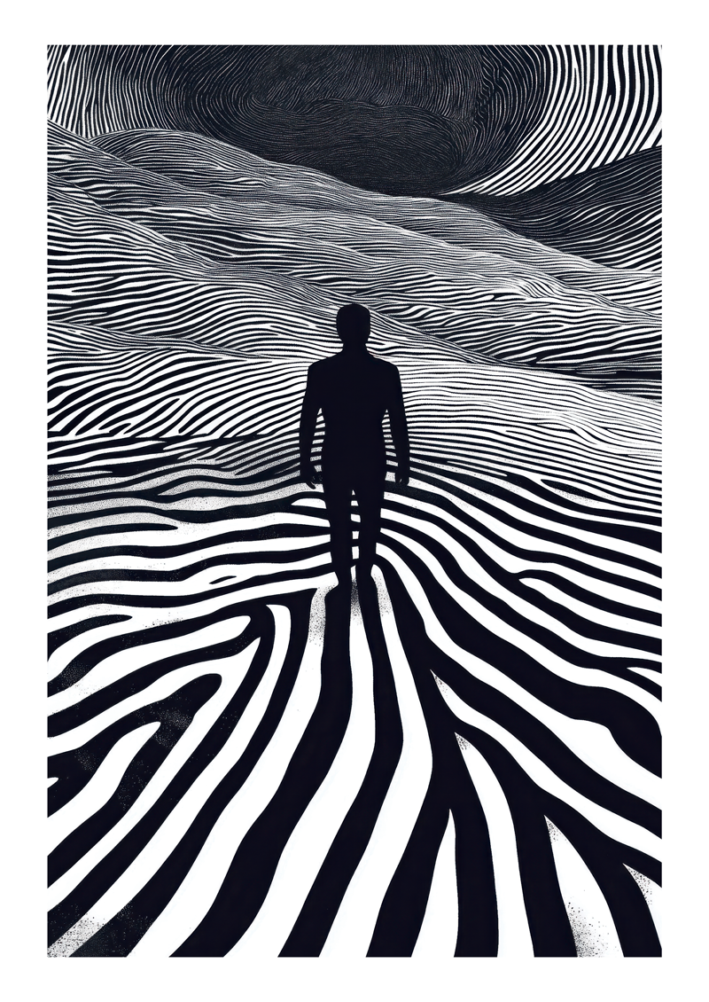 Affiche murale surréaliste d'un homme marchant dans un paysage zébré noir et blanc.