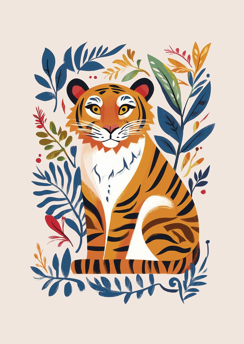 Affiche folk art illustration d'un tigre entourée de feuilles dans des teintes bleues