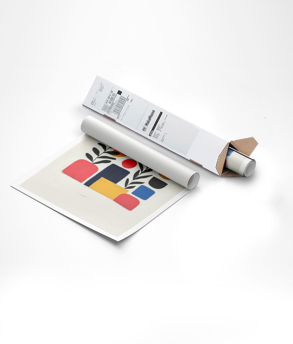 Emballage de l'affiche murale abstraite aux couleurs primaires, dans un carton d'expédition triangulaire.
