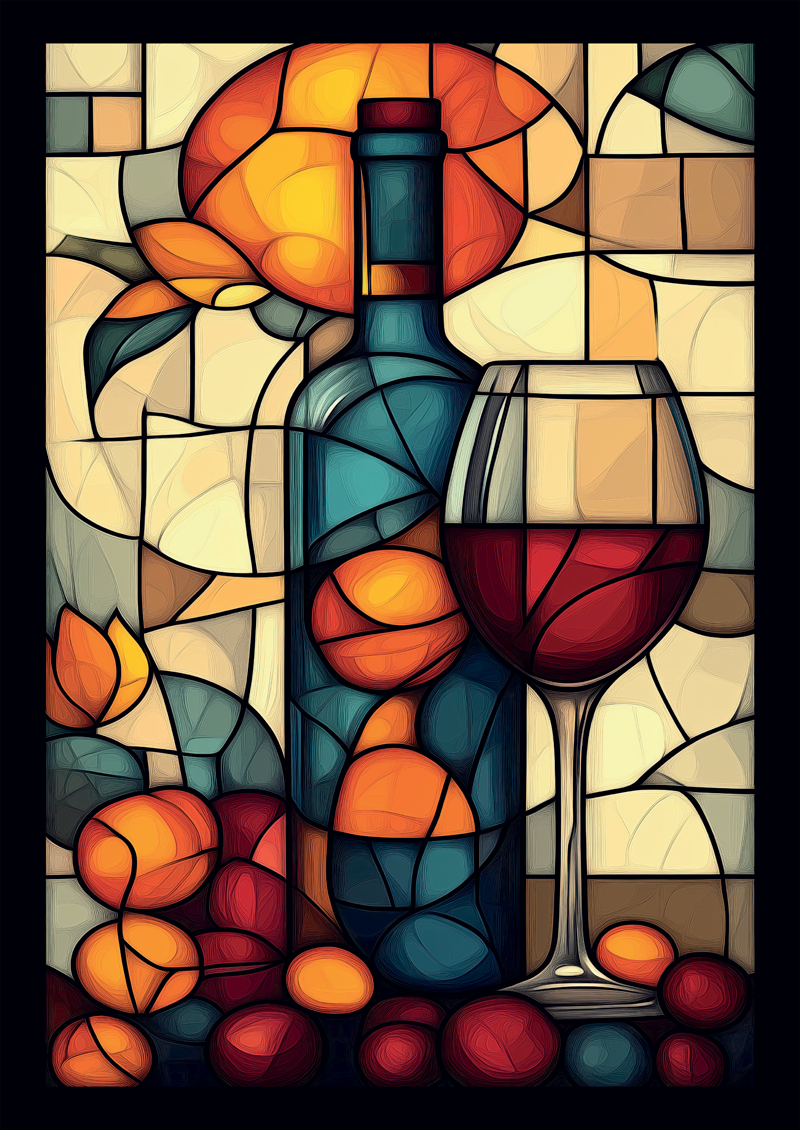 Affiche cuisine style vitrail d'une bouteille de vin, un verre et des agrumes.
