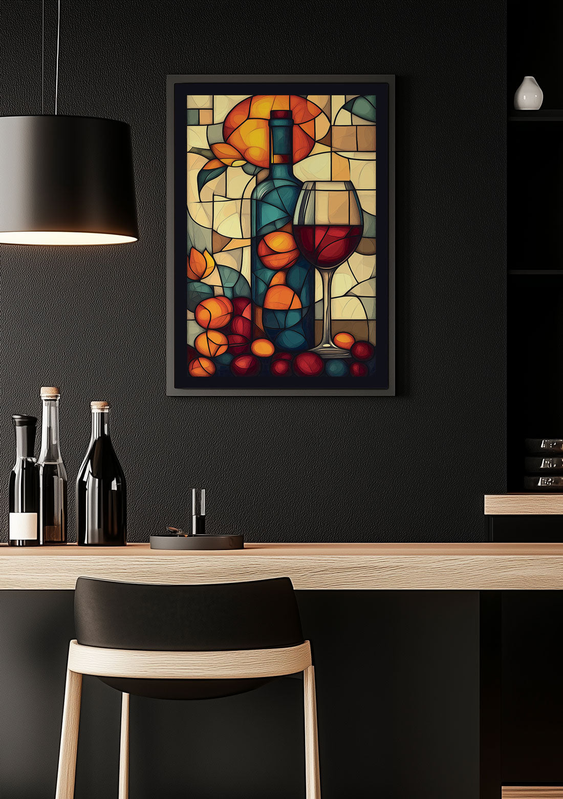 Affiche cuisine de vin, un verre et des agrumes encadrée dans une cuisine noire.