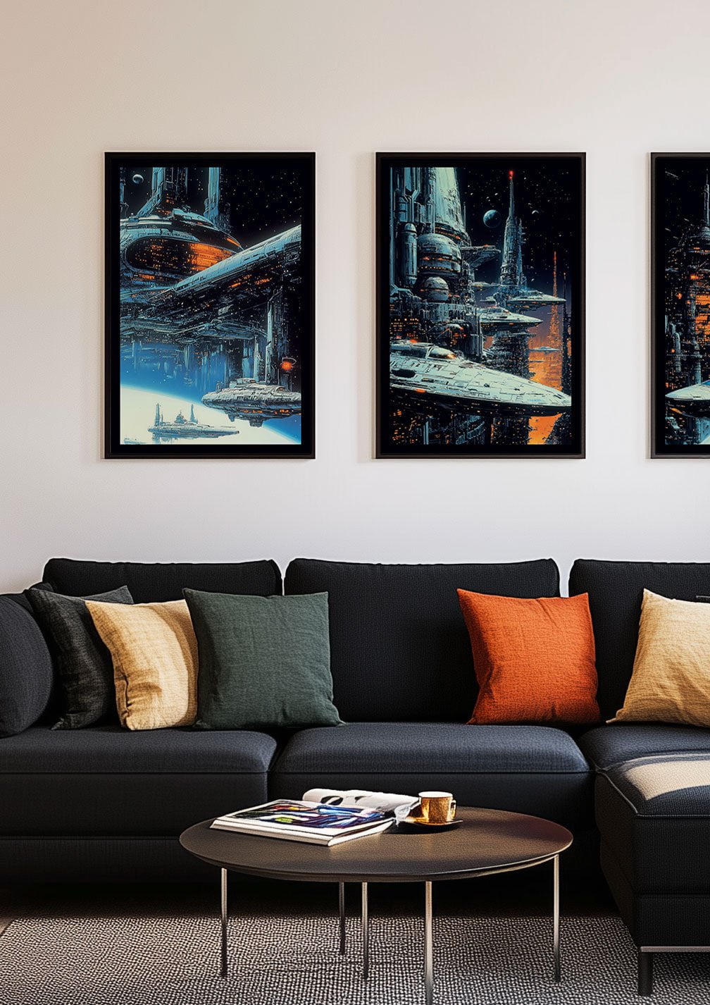 Trio d'affiches sci-fi encadrées sur un mur au dessus d'un canapé.