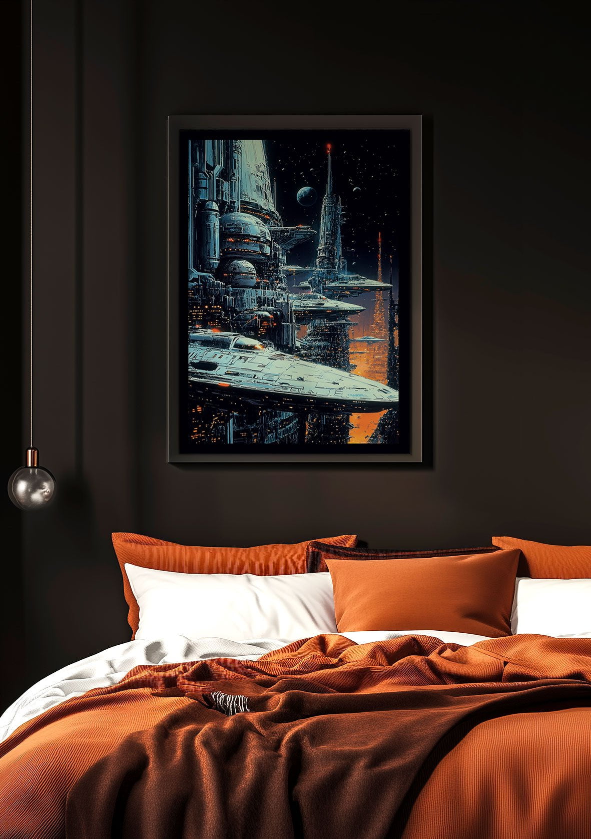 Affiche vintage science-fiction de vaisseaux mise en situation dans une chambre.
