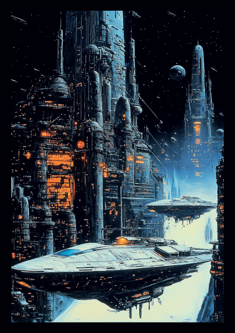 Affiche vintage science-fiction de deux vaisseaux spatiaux dans un univers galactique.