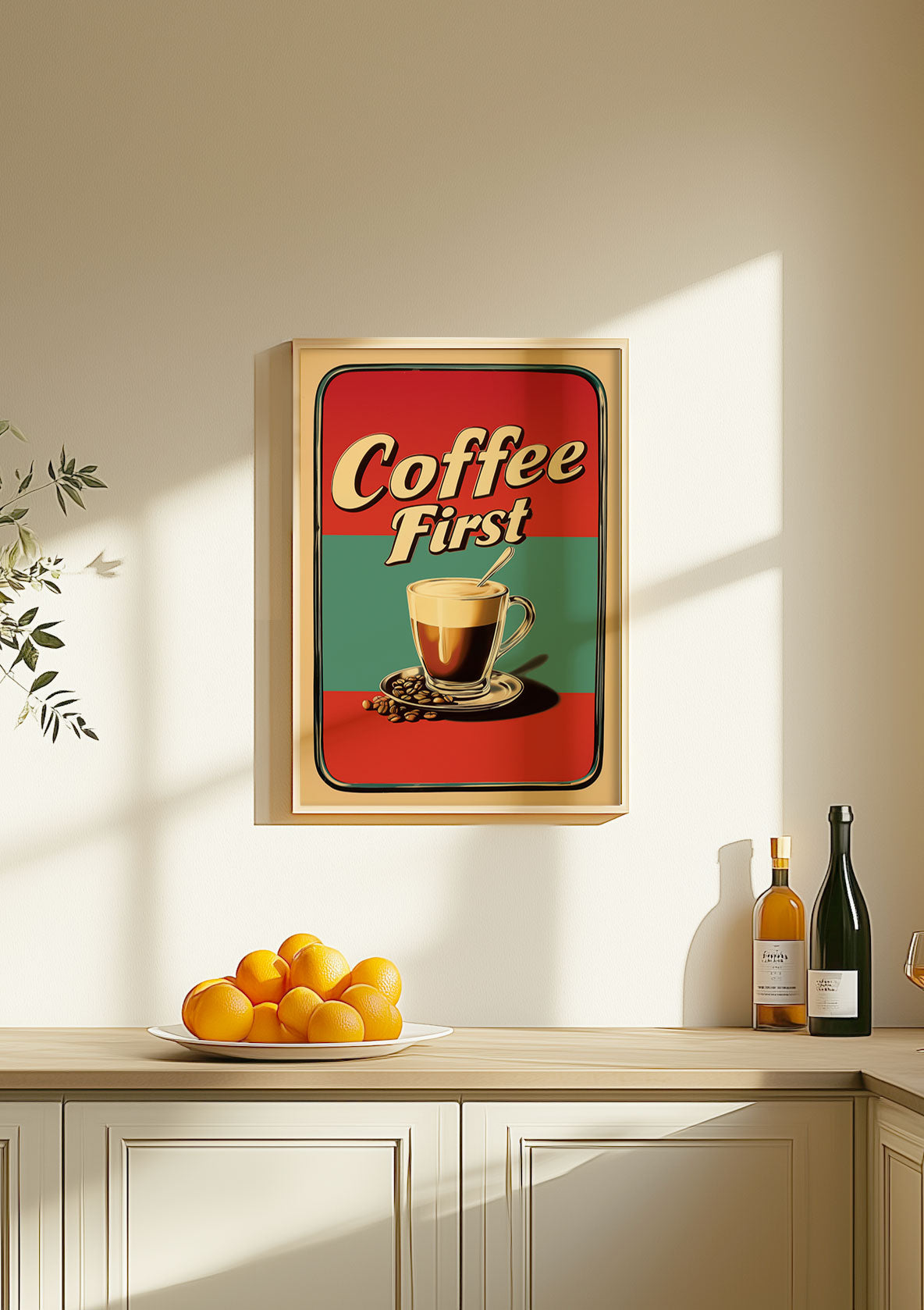 Mise en situation de l'affiche cuisine vintage "coffee first", dans une cuisine.