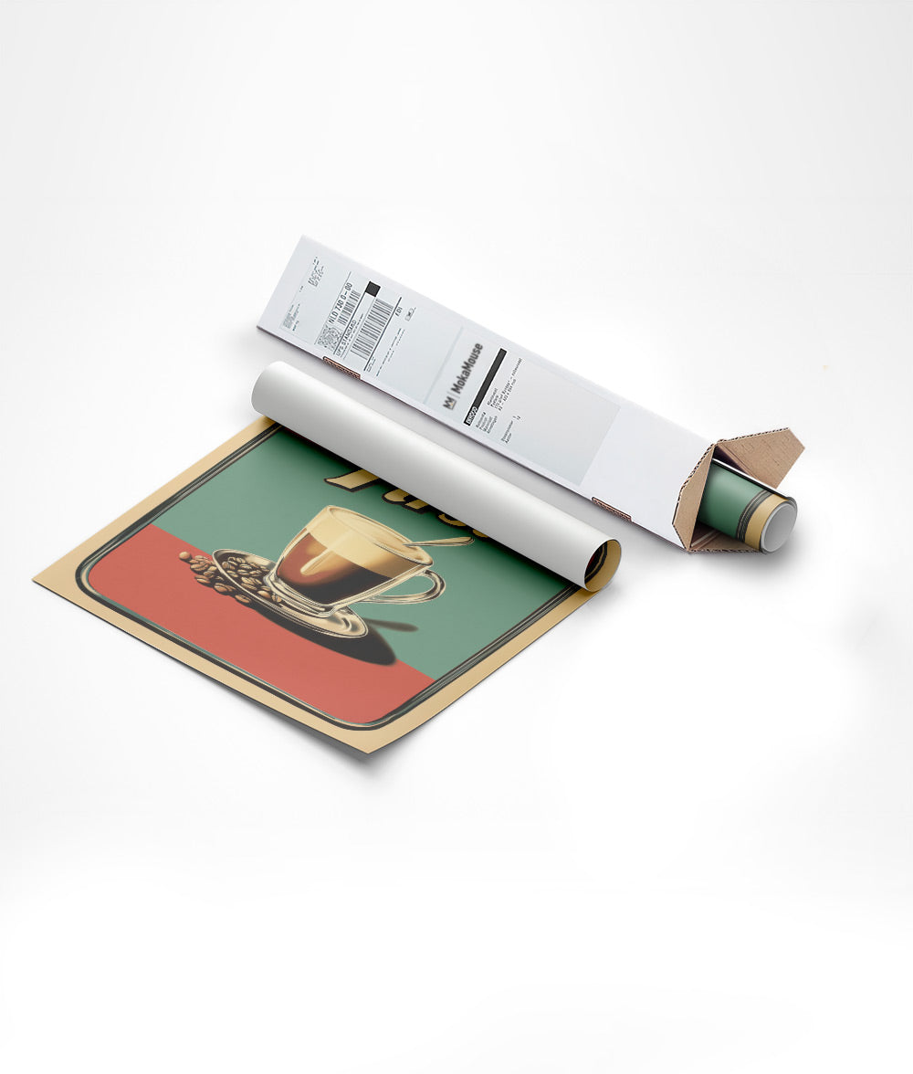 Affiche vintage "coffee first" emballée dans un carton de forme triangulaire.