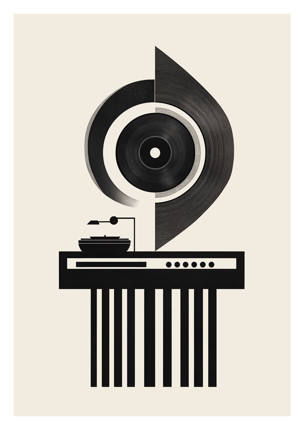 Affiche bauhaus d'une platine vinyle et formes géométriques, noire sur fond crème.