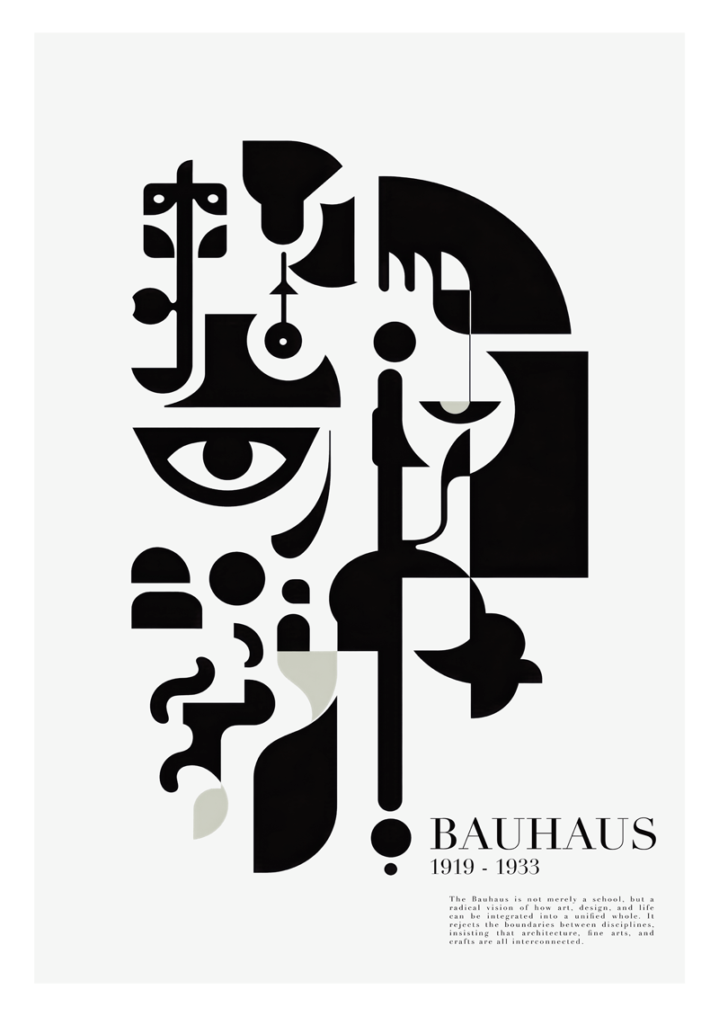 Affiche bauhaus d'un visage déconstruit, noir sur fond gris très clair avec un texte