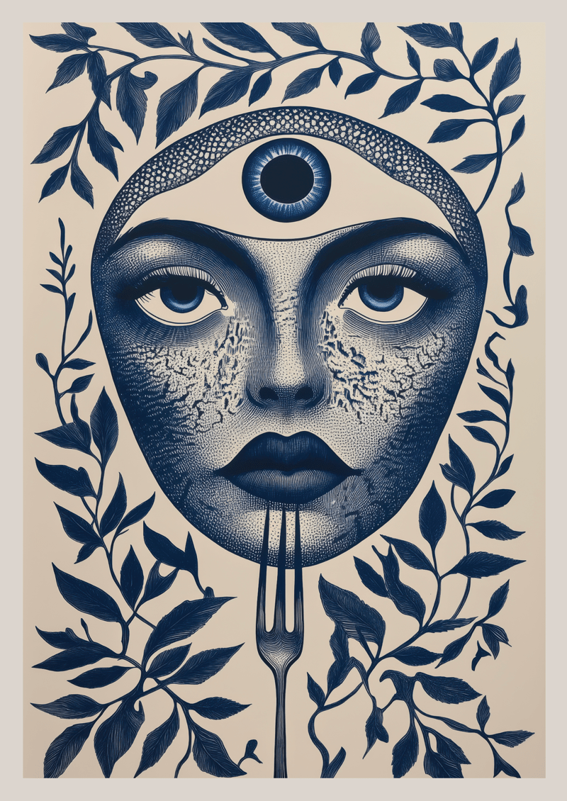 Affiche illustration visage de femme en bleu sur fond crème, avec une fourchette.