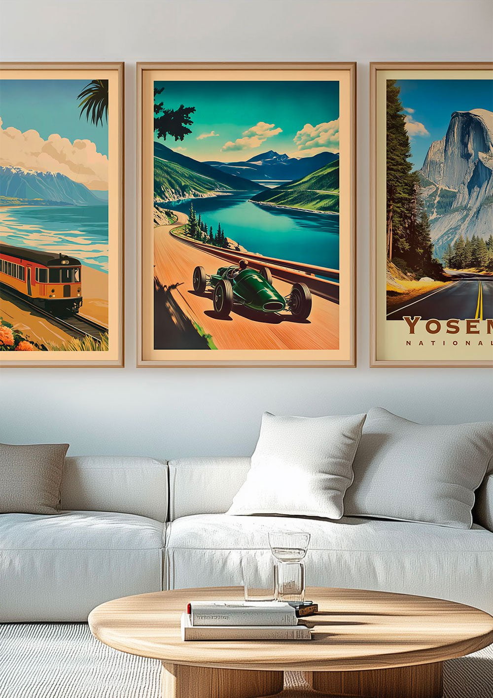 Affiche vintage d'une voiture de course ancienne, encadrée à côté de deux autres affiches dans un salon.