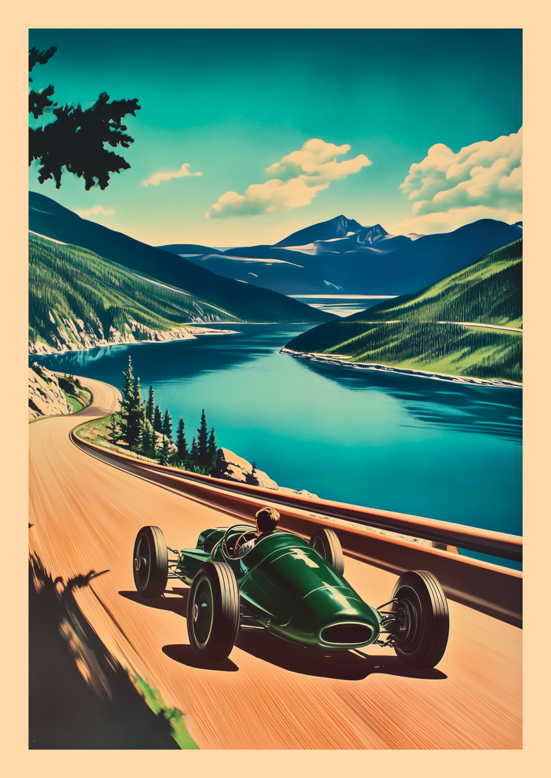 Affiche vintage d'une voiture de course ancienne dévalant une route sinueuse.
