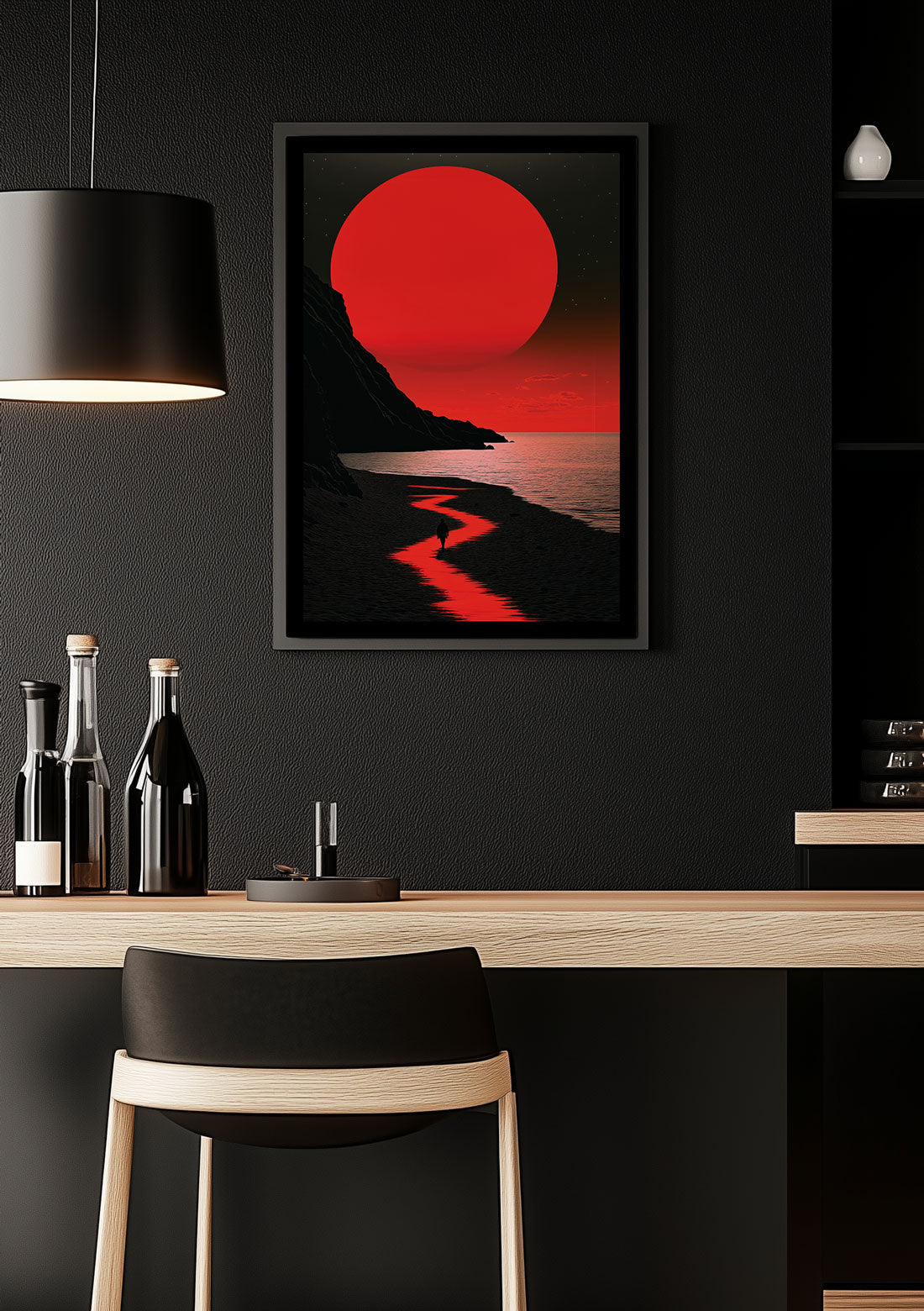 Affiche illustration homme marchant la lueur de la lune, encadrée dans une cuisine noire.