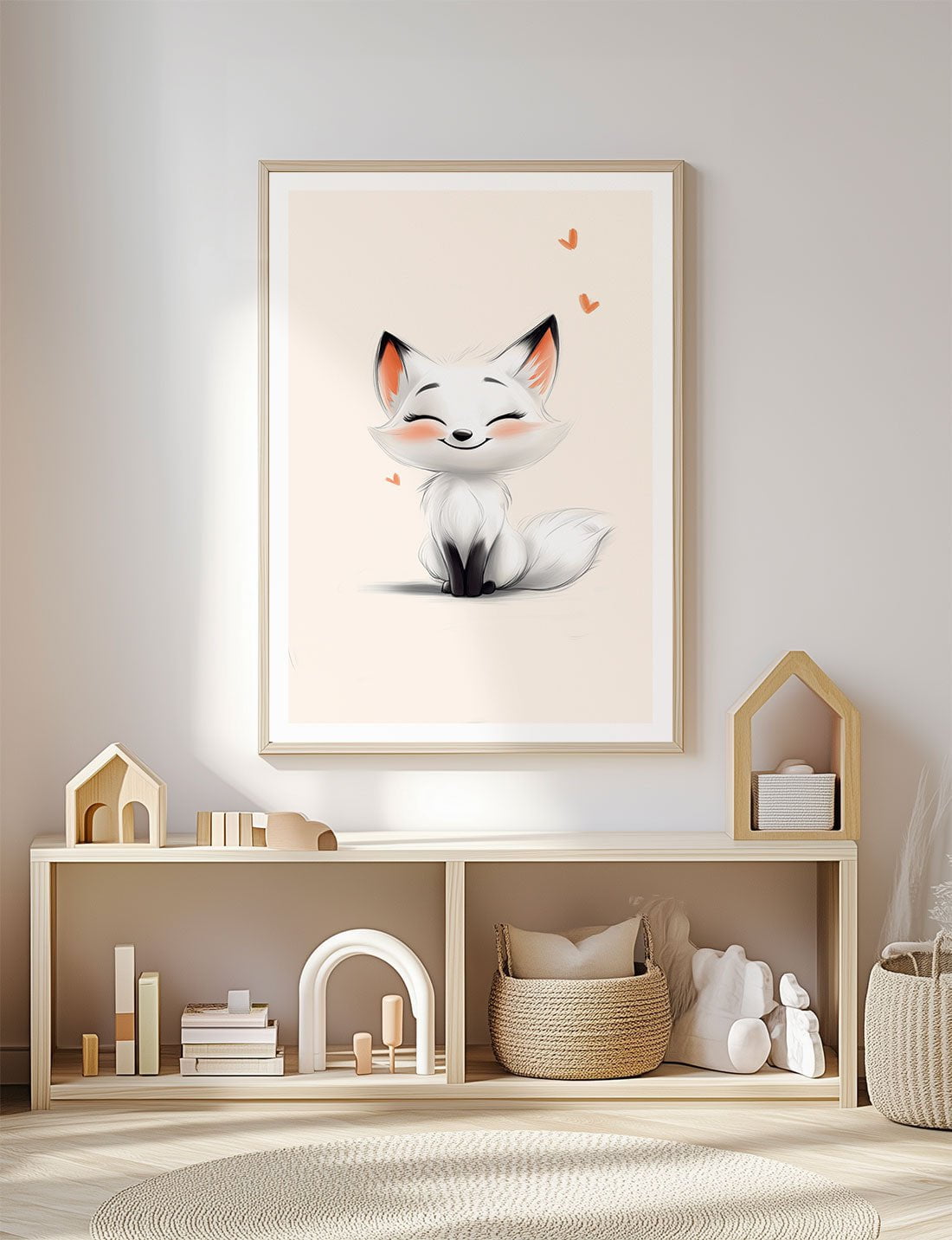 Affiche chambre enfant renarde blanche encadrée dans une salle de jeux.