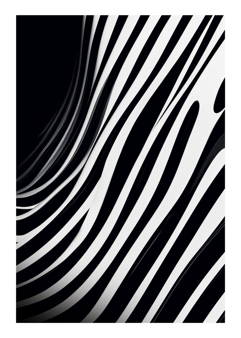 Affiche murale contemporaine ligne zébrée noire et blanc avec bordure blanche.