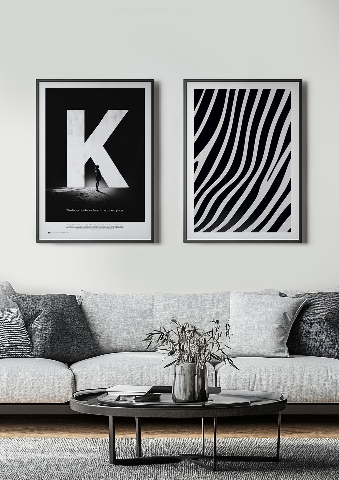 Duo d'affiches noires et blanches mise en situation sur le mur d'un salon.