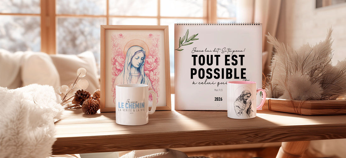 cadeaux chrétiens posés sur une table, l'ensemble est composé d'une affiche chrétienne, d'un calendrier chrétiens et de deux mugs représentant Jésus et Marie