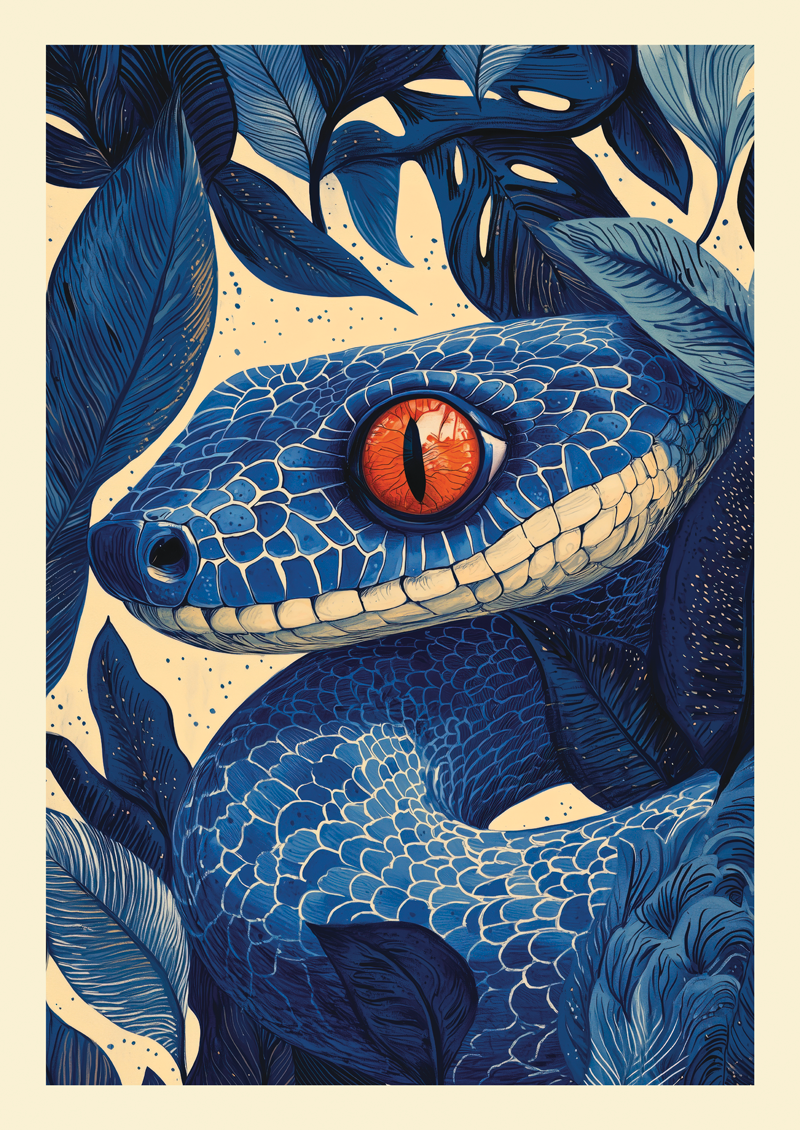 Un dessin de serpent bleu, en gros plan, de notre collection Affiche murale animaux.