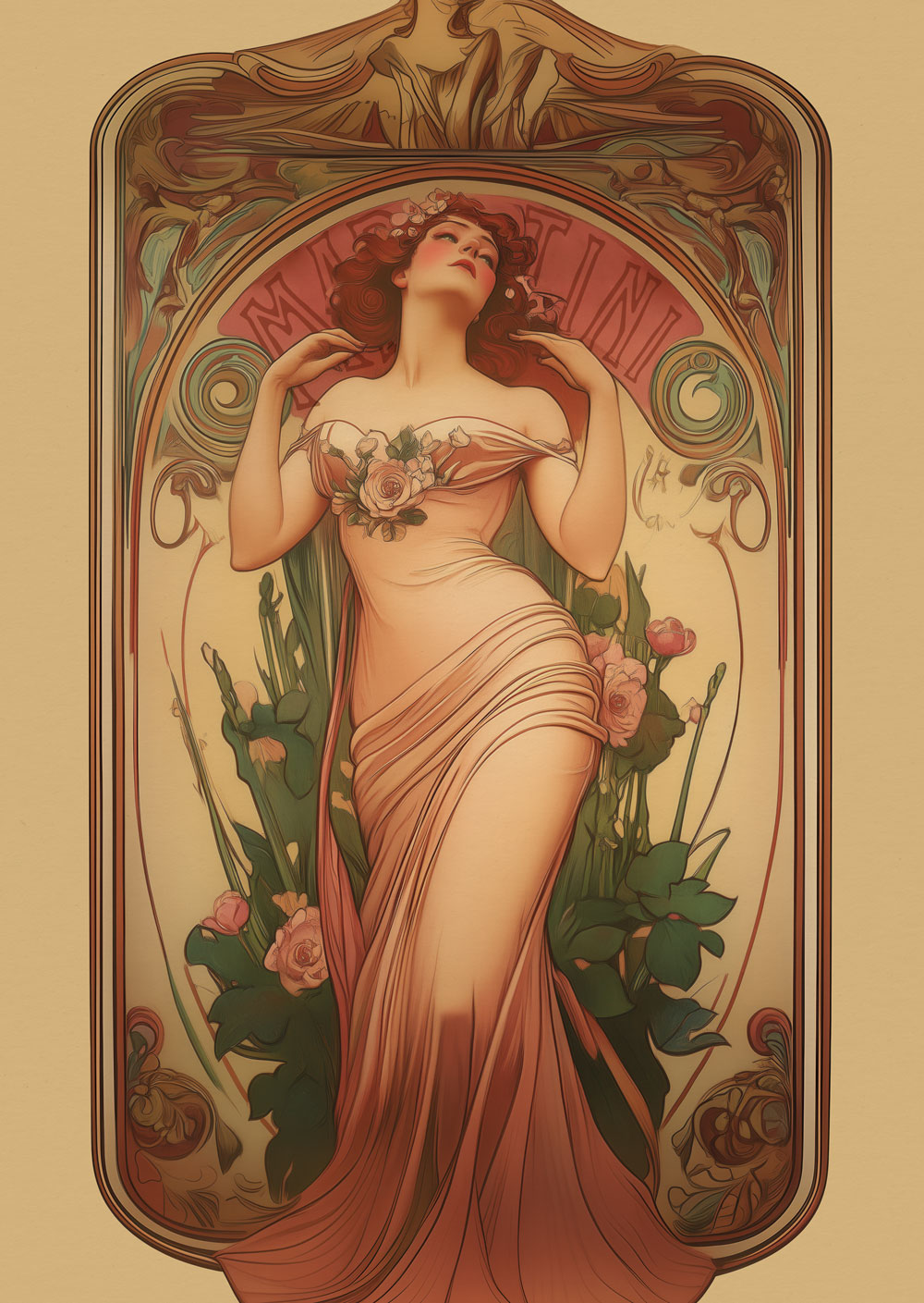 Affiche art déco 1930 d'une femme en robe encadrée par des ornements.