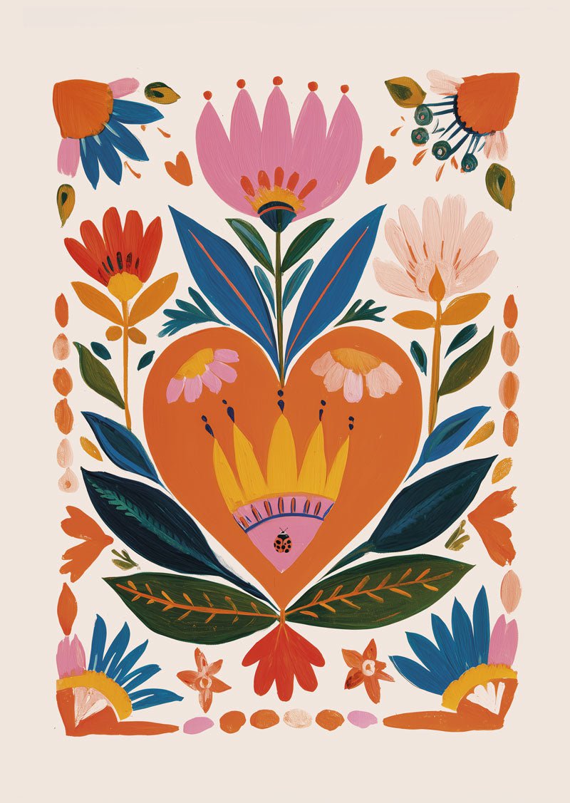 Affiche poster Folk Art d'un coeur floral colorée sur fond crème.