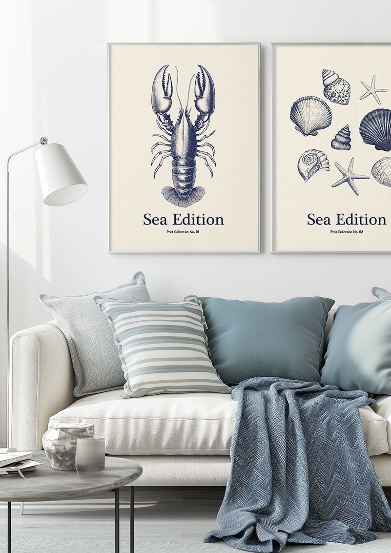 Affiche mer et plage, estivale, d'un homard encadrés dans un salon.