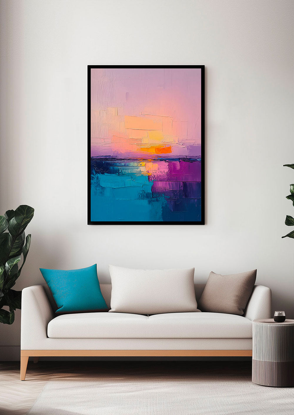 Affiche murale peinture d'une œuvre représentant un couché de soleil. Elle est encadrée sur le mur d'un salon moderne.