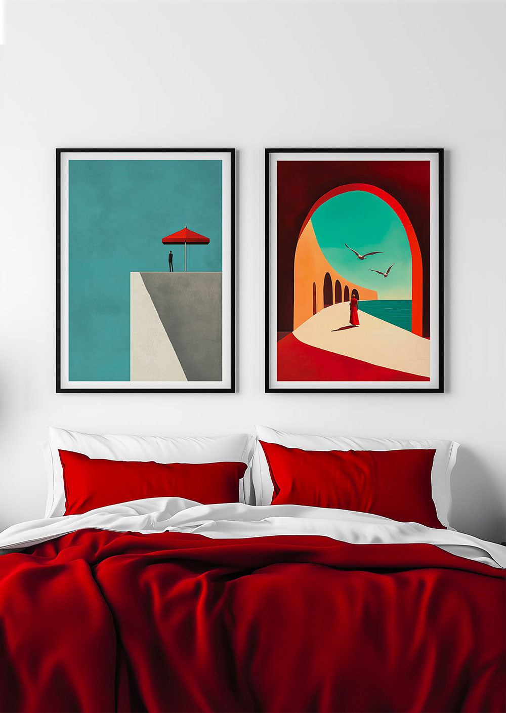 deux cadres d'affiche illustration rouge et bleu, au-dessus d'un lit.