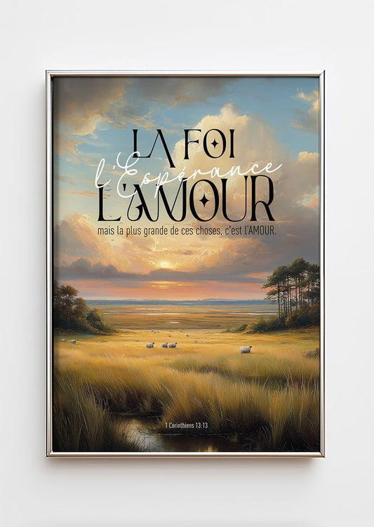 Cadre chrome avec l'affiche chrétienne représentant un champ et le verset 1 corinthiens 13:13