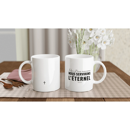 Mug verset de la bible Josué 24:15 vu de dos et de face, céramique blanche.