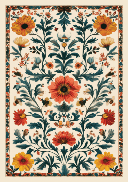 Une affiche murale botanique d'un kaléidoscope de fleurs rouge orange et jaune et aux feuillages verts.
