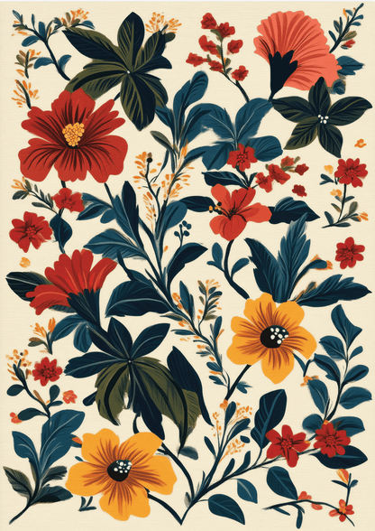 Affiche murale botanique d'une illustration de composition florale exotique colorées sur fond blanc.