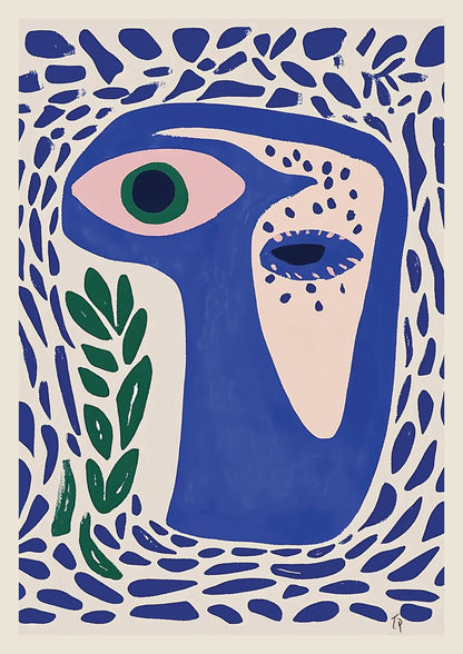 Affiche murale contemporaine représentant un œil stylisé, entouré de motifs végétaux bleus et au feuillage vert.