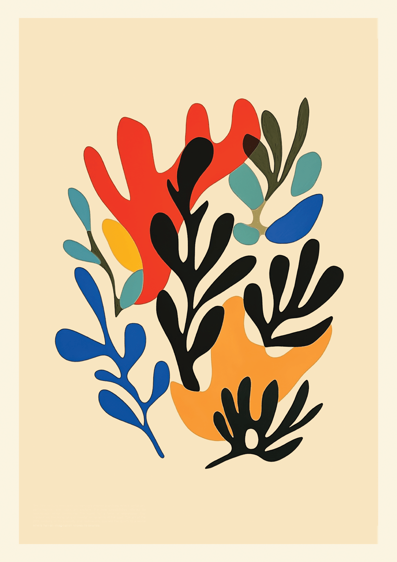 Affiche murale abstraite aux formes organiques, inspirée des coraux aux couleurs noir, bleu, rouge et jaune sur un fond beige.