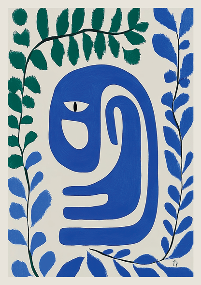 Affiche murale abstraite d'une forme organique bleue, entourée de feuillage vert et bleu. 