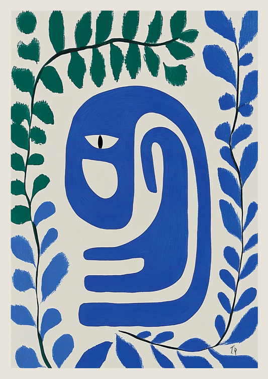 Affiche murale abstraite d'une forme organique bleue, entourée de feuillage vert et bleu. 