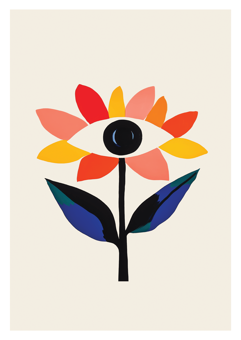 Affiche murale abstraite d'une fleur et aux couleurs vibrantes, avec un œil en son centre sur fond blanc