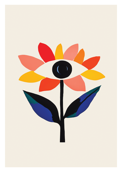 Affiche murale abstraite d'une fleur et aux couleurs vibrantes, avec un œil en son centre sur fond blanc