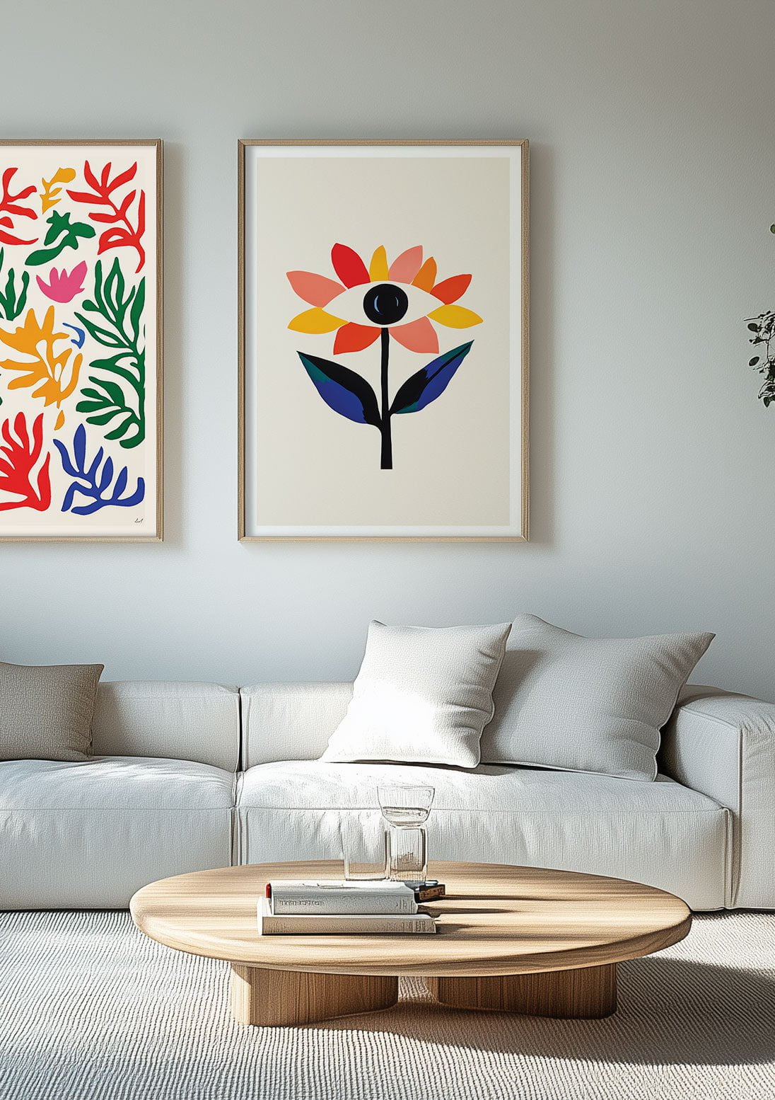 Mise en situation de l'affiche murale abstraite d'une fleur avec un œil en son centre, sur un mur dans un salon.