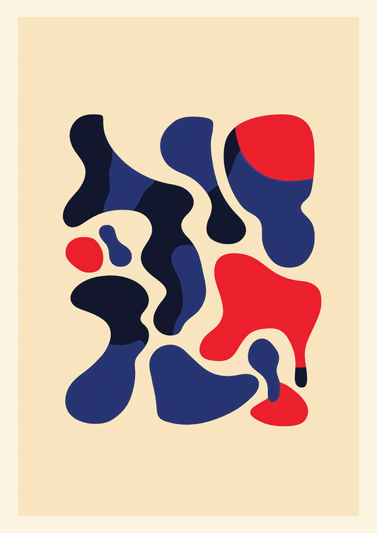 Une affiche murale de formes fluides et abstraites dans des teintes de bleu et de rouge sur fond clair.