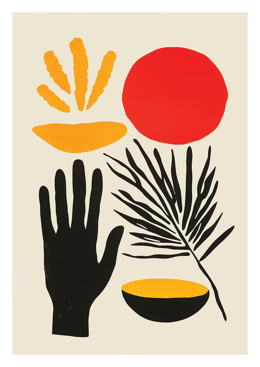 Affiche murale abstraite d'une main, d'un bol, d'une palme et d'un soleil rouge sur fond clair.