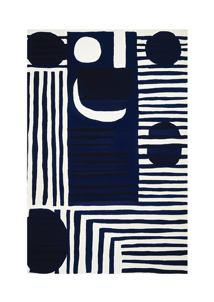 Affiche murale abstraite composée de lignes et de cercles bleu foncé sur fond blanc, qui s'imbriquent.